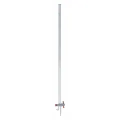 Class A borosilicate glass buret with 100 mL capacity, 0.1 mL increment, and ±0.10 mL tolerance. Length 794 mm. No closure included. Used for precise liquid titration and volumetric analysis in laboratory settings.