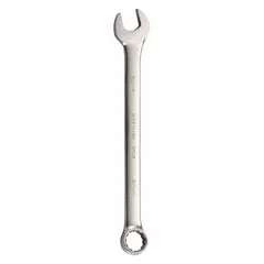 This combination wrench features a 60 mm 12-point box end and an open end, both with a satin finish. The offset design provides clearance over obstructions. Overall length is 27 1/8 inches. Suitable for tightening or loosening metric fasteners in mechanical assembly and maintenance tasks.