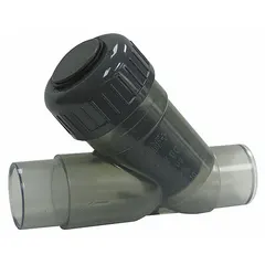 PVC Y-style check valve with piston mechanism. Prevents backflow in piping systems by automatically closing when flow reverses. Spigot x spigot connections for 1 1/2 in pipe. Suitable for industrial water, chemical, and wastewater applications where corrosion resistance is required.