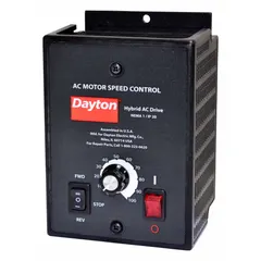 This Dayton hybrid drive converts single-phase input to three-phase output for controlling 1/2 hp motors. It features manual control and no bypass, suitable for applications such as fans, pumps, and conveyers where only single-phase power is available.