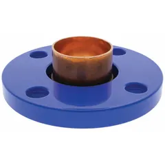 This low-lead cast copper and bronze tube flange features a cup x flange design with wrot copper construction. It connects 2 in CTS copper tubing to a 2 in flanged connection, suitable for soldered joints in plumbing and HVAC systems.