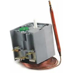 Replacement thermostat for HVACR systems, used to regulate temperature in commercial and industrial heating equipment such as boilers and water heaters. Provides temperature control to support system operation.