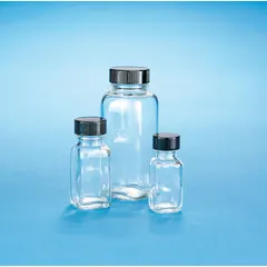Rectangular glass bottle with 125 mL capacity, clear and colorless body. Features a 33-400 mm phenolic screw cap with LDPE/PTFE liner for inert containment. Not graduated and not pre-cleaned. Suitable for collecting, storing, and transporting liquid samples in laboratory and industrial settings.