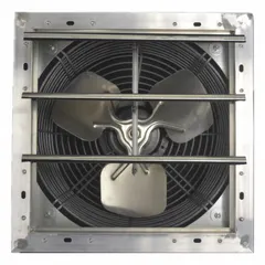 Variable-speed exhaust fan with 12-inch aluminum blade and totally enclosed air-over motor. Delivers 884 cfm at 115V AC for wall or window mounting. Suitable for removing heat, fumes, and stale air in industrial ventilation applications.