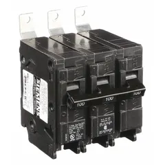 Three-pole miniature circuit breaker rated 100 A at 240V AC, standard type, from the BL Series. Designed for bolt-on mounting in Siemens P1 Panelboards. Provides overcurrent protection in three-phase electrical distribution systems with a maximum interrupting rating of 22kA at 240V AC.