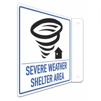Aluminum sign with mounting holes for permanent wall installation. Engineer Grade retroreflective finish enhances visibility under emergency lighting. Nominal size 8 in x 8 in, 0.04 in thick. Suitable for designating severe weather shelter locations in industrial facilities