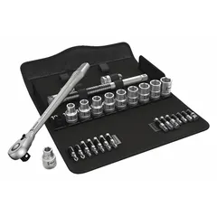 This 28-piece metric socket set with 1/2 in drive includes 10 fixed head sockets from 10 mm to 19 mm. Sockets feature a 6-point standard design with friction retention mechanism. Drive tools are included. Suitable for tightening and loosening metric fasteners in automotive, industrial, and mechanical applications.