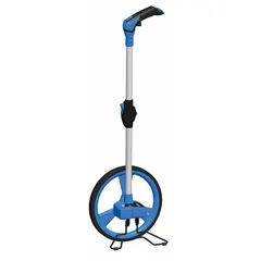 Mechanical measuring wheel with a 9,999 ft range, featuring a spoked single wheel with polyurethane tread and plastic hub. The foldable aluminum frame has a fixed handle and pistol grip. Operates without batteries and measures in SAE inches. Suitable for measuring distances in outdoor applications such as landscaping.