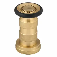 Brass-bodied constant pressure nozzle with rigid base and NPSH thread. Twist activation selects between solid stream and fog patterns. Used in fire suppression systems requiring consistent flow.