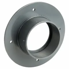 PVC flange adapter for connecting 4 in ductwork to flanged equipment. Overall length 8 1/2 in, flange inner diameter 4 1/8 in. Used in low-pressure air or liquid handling systems where corrosion resistance is required, such as industrial ventilation and fume exhaust.