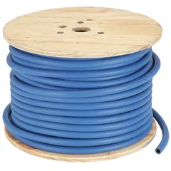 This nitrile bulk air hose features a vinyl nitrile cover and is rated for 300 psi maximum working pressure at 70°F. The blue hose has a 1/2-inch inside diameter. It is suited for compressed air distribution in industrial air-handling systems.