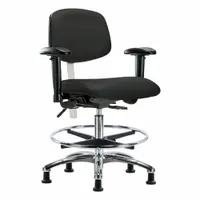 This vinyl cleanroom task chair is rated for ISO 5 environments and features an aluminum base with foot support. It includes arms and offers adjustable height from 21 1/2 in to 29 in, with a seat width of 18 1/2 in. The back tilts 10.5° forward and 13.5° backward, while the seat tilts 8° forward and 3° backward. Not ESD safe