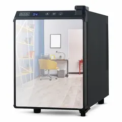 This BLACK & DECKER beverage cooler has a total capacity of 0.8 cu ft and up to 8.9 cu ft, with manual defrost and two shelves. It is finished in black and does not include an ice maker. Suitable for storing drinks and small food items in offices, break rooms, or dormitories.
