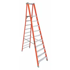 This 10 ft fiberglass podium stepladder supports a 300 lb load and weighs 59 lb. It features impact-resistant bracing for added structural integrity. Suitable for maintenance, electrical, and construction tasks requiring a stable elevated platform.