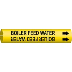 Yellow snap-on pipe marker with black legend 'Boiler Feed Water' and directional arrows. Fits pipe outer diameters of 4 to 6 inches. Used to identify boiler feed water lines in industrial piping systems for clear labeling and safety.