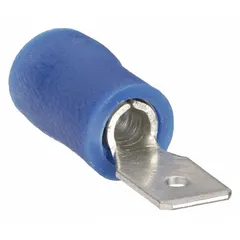 Male tab quick disconnect with blue vinyl partial insulation for wire sizes 16 AWG to 14 AWG. Used for making fast electrical connections in control panels, appliances, and automotive wiring. The partial insulation covers the connection area while leaving the tab exposed.