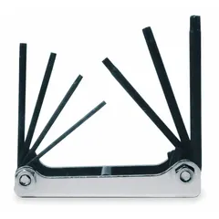 Folding Torx key set with seven tip sizes: T10, T15, T20, T25, T27, T30, and T40. Features a standard end and black oxide finish. Includes an organizer for storage. Suitable for driving Torx fasteners in assembly, maintenance, and repair tasks.