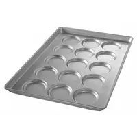 This hamburger bun pan is made of 26 ga aluminized steel with a shiny gray finish. It features 15 slots for baking individual buns or rolls, promoting consistent shape and even browning. The pan measures 17 3/4 inches overall width. Suitable for commercial baking applications