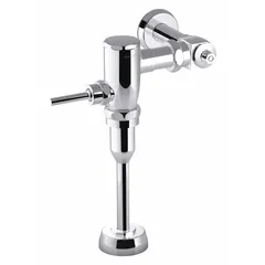 Exposed, top-spud urinal flush valve with piston mechanism. Delivers 0.13 gallons per flush. Requires 12-inch rough-in. Suitable for commercial restroom installations.