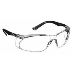Frameless safety glasses with clear, scratch-resistant lenses and a clear frame. Padded comfort-fit design for extended wear. Suitable for impact protection in industrial environments such as machining, material handling, and maintenance.