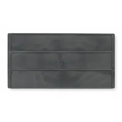 This black plastic shelf bin divider measures 10 1/8 inches by 6 1/2 inches. It is not electrostatic discharge conductive. Designed to organize parts within plastic shelf bins, it helps separate components in industrial storage systems such as warehouses, assembly lines, and maintenance shops.