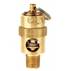 Soft seat pneumatic safety valve with brass body and silicone seal. Features 1/8 in (M)NPT inlet and 1/8 in (F)NPT outlet. Used for overpressure protection in compressed air systems and pneumatic circuits.