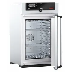The MEMMERT UF 75 is a mechanical forced-air convection oven with a 2.7 cu ft capacity, 300°C maximum temperature, and 2500 W power. It operates on 115V AC, providing temperature uniformity of ±1.8°C and accuracy tolerance of ±0.1°C up to 99.9°C, ±0.5°C at 100°C and above. Suitable for drying, heating, tempering, sample preparation, aging tests, and sterilization in laboratory and industrial settings.