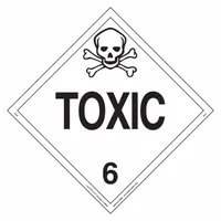 This placard is used for identifying Class 6 toxic, poison inhalation, and infectious substances during transport or storage. Each pack contains 25 vinyl labels measuring 10 3/4 in x 10 3/4 in with a 10 3/4 in label height, printed with the message 'Toxic'