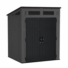 This 200 cu ft plastic storage shed features a single-slope roof and is finished in black. Exterior dimensions are 69 3/4 in length, 87 in depth, and 61 1/2 in height. The shed is water resistant and supplied unassembled. It is commonly used for outdoor storage of equipment, tools, and supplies in industrial yards, maintenance depots, and facility grounds.