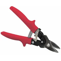 This straight-cutting bulldog snip is designed for cutting sheet metal, including galvanized steel. It features a 10-inch overall length and a 1-inch cutting length, with a steel blade, plastic handle, and steel construction. The tool includes a locking latch for secure storage.