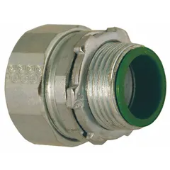 This compression connector joins IMC metal conduit to boxes in electrical systems. It has a 1 in trade size, male NPS threads, and a galvanized finish. The insulated design protects conductors, and it is CSA listed.