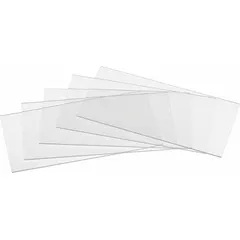 Clear plastic inside lens covers for Honeywell PAPR lenses, supplied in a 5-pack. These covers feature side adhesive locations for secure attachment to the interior lens surface, protecting against scratches and debris in industrial environments.