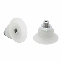 This flat type vacuum pad assembly is designed for fast-handling applications requiring food-safe materials. It features a 1/8 in NPT vacuum port, 54.3 mm pad diameter, and 24.2 mm pad height. The clear pad is suitable for lifting and moving food products or packaging in processing and packaging lines.