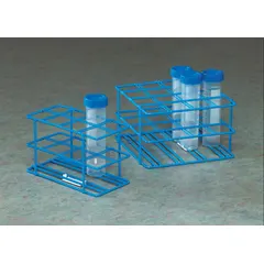 This steel test tube rack holds up to 16 tubes and is designed for benchtop use. It features a blue finish and measures 2 1/2 inches in height, 6 1/8 inches in length. Commonly used in laboratories to organize test tubes during experiments and routine analysis.