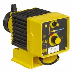 Compact solenoid-driven diaphragm metering pump with PVC head, PTFE diaphragm, ceramic check balls, Polyprel seals, and PVC fittings. Operates at 115V AC with a maximum flow rate of 96 gpd and reproducibility of ±1.0%. Suitable for precise chemical dosing in water treatment, industrial processing, and chemical injection applications.