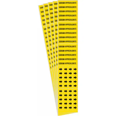 BRADY Pipe Marker: Sodium Hypochlorite, Yellow, Black, Fits 3/4 in and Smaller Pipe O.D. - Sodium Hypochlorite Adhesive Pipe Markers