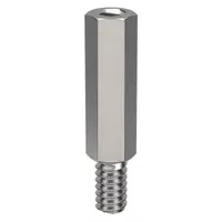 This #6-32 thread size, hex-shaped standoff is made of stainless steel with a plain finish. It has a male thread on one end and a female thread on the other, allowing secure spacing and mounting between panels or components. Supplied in a 10-pack, it is commonly used in electronics enclosures, machinery, and industrial assemblies