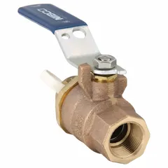Bronze two-way ball valve with straight body and lever handle. Features FNPT x FGHT connections and a maximum pressure rating of 600 psi CWP. Suitable for on/off flow control in plumbing and HVAC systems.