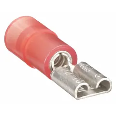 This female quick disconnect socket features a red nylon partial coverage insulator for basic protection. It accepts wire sizes from 22 AWG to 16 AWG and is used for making fast, reliable electrical connections in control panels, appliances, and wiring harnesses.