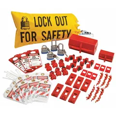 This filled portable lockout kit includes plug encasing lockouts, wall switch lockouts, and hasps for isolating electrical energy sources during maintenance. Supplied in a yellow canvas locking carrying bag with dimensions 8 in D x 18 in W x 9.75 in H. Suitable for medium-sized lockout programs requiring keyed different padlocks.