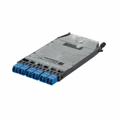 Single-mode OS2 fiber optic cassette with 6 MPO-APC male connectors and standard attenuation. Blue housing. Used for terminating and splicing fiber cables in structured cabling systems.
