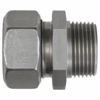 This flareless bite-type stainless steel compression fitting adapter from the Volz series connects 12 mm OD tubing to a 1/2 in male BSPT threaded port. It is used in hydraulic, pneumatic, and fluid-handling systems requiring leak-proof connections. The fitting is made of stainless steel and features a Compression x MBSPT configuration