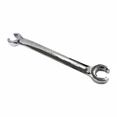 This metric double-end flare nut wrench is made of alloy steel with a polished finish. It features 6-point, standard-head openings in 15 mm and 17 mm sizes, with an overall length of 7 1/2 inches. Used for tightening or loosening flare nuts on brake lines, fuel lines, and hydraulic fittings.