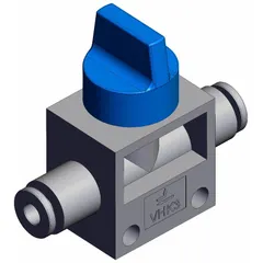 Manual air control valve with knob actuator for starting, stopping, or redirecting compressed air flow in pneumatic systems. Features 3 ports, 4 mm side-ported body, and blue actuator. Suitable for panel-mount or handheld control applications.