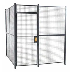 This welded-wire partition cage from RAPIDWIRE measures 16 ft wide by 16 ft deep by 8 ft high. It is finished in gray powder coating and includes two sides. The cage is used to create secure storage enclosures for inventory, tools, or equipment in industrial facilities such as warehouses and manufacturing plants.