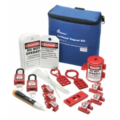 Portable electrical lockout kit in a nylon bag with belt loop strap, measuring 4 in D x 8 in W x 8 in H. Includes (3) universal multi-pole circuit breaker lockouts and (1) plug lockout device. Keyed different padlocks. Used for isolating electrical energy during maintenance and lockout/tagout procedures.