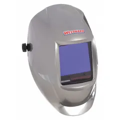 Gray nylon auto-darkening welding helmet with a 3.74 in x 3.34 in viewing area. Features 4 arc sensors, analog controls, W5-13 shade range, grind mode, and ratchet suspension adjustment. Provides eye and face protection during arc welding, grinding, and cutting operations.