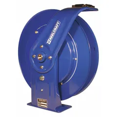 This breathing air spring-return hose reel is constructed with a stainless steel frame and swivel, finished in blue. It has a hose capacity of 50 ft for 1/2 in I.D. hose and a maximum operating pressure of 500 psi. The reel measures 19-3/4 in L x 7 in W x 20-1/4 in H and is supplied without a hose. Suitable for industrial breathing air systems requiring organized hose storage and retraction.