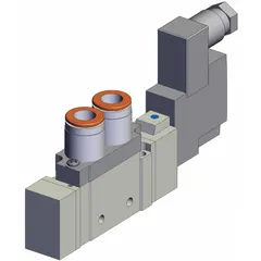 Single solenoid, five-way/two-position, 5-port directional control valve from the SY7000 Series. Operates on 24V DC with internal pilot and non-locking manual override. Used in industrial automation to control the direction of compressed air to actuators or cylinders.