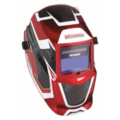 Auto-darkening welding helmet with nylon shell and black/red/white graphics. Features analog ADF controls, 2 arc sensors, and welding shade designation W9-13. Includes grind mode and ratchet suspension adjustment. Viewing area measures 3.82 in x 1.73 in. Suitable for arc welding and grinding applications.